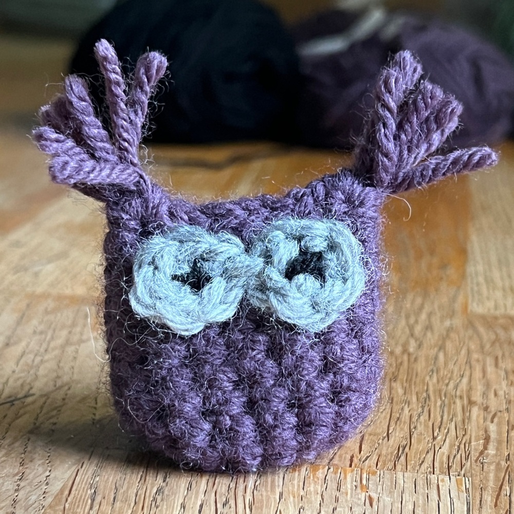 Crochet Owl - Handmade with wool/acrylic blend yarn - 1 3/4” Tall - Purple